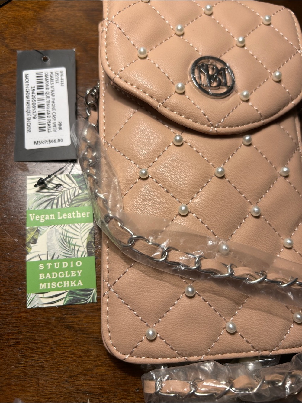 Studio Badgley Mischka Pearl-Accent Crossbody Phone Case/Bag in Camel/Pink NWT